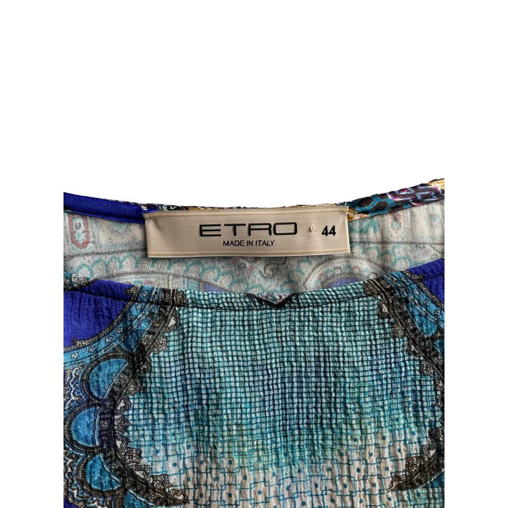 Etro Patchwork Cold Shoulder Dress Silk Paisley Cape Sleeve Blue Black 44 M US 8 - Picture 7 of 10